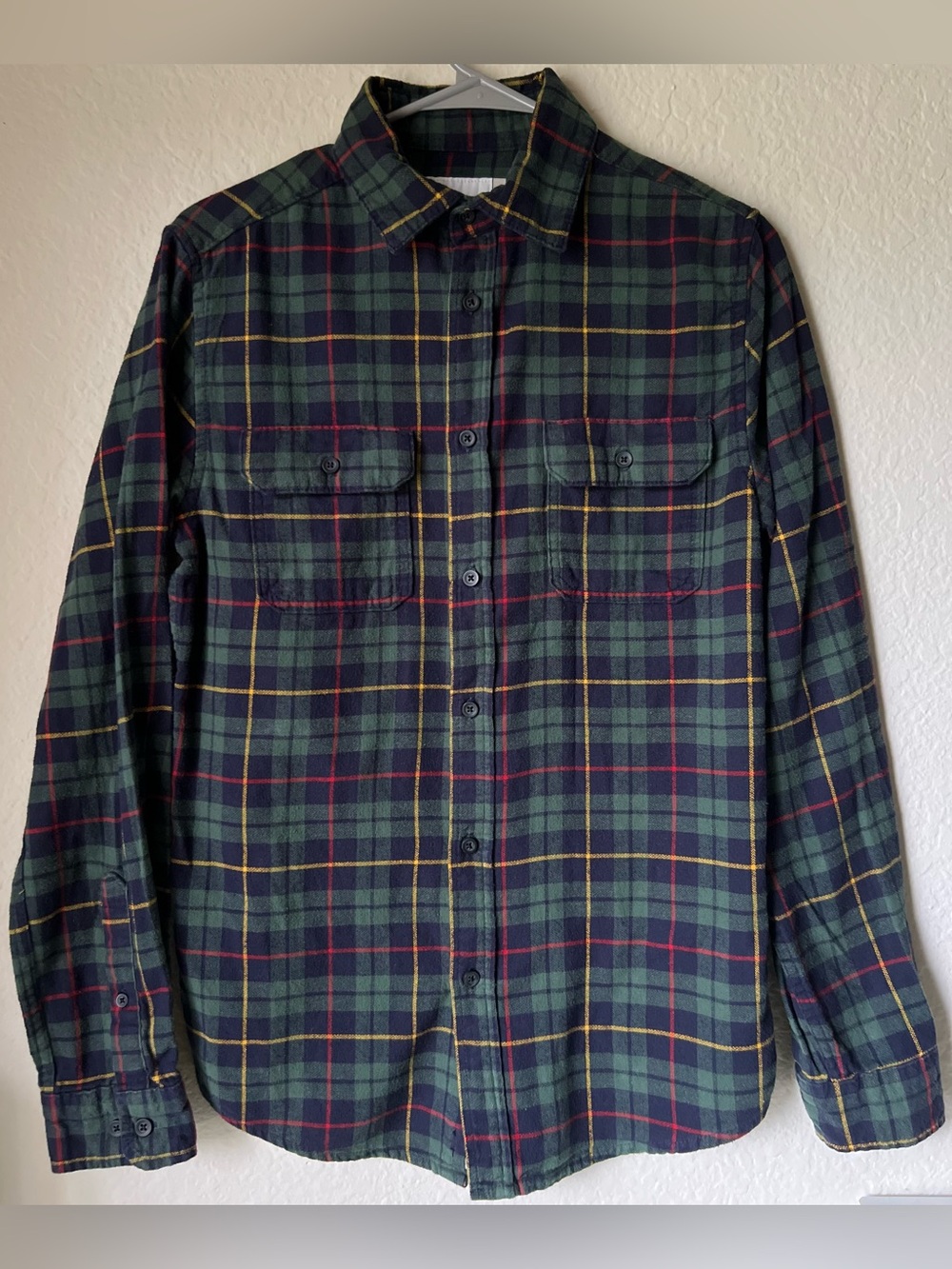 Goodfellow & Co Green Plaid Button-Down Shirt with Red and Yellow Accents